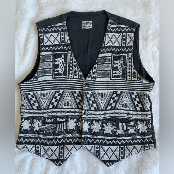 Vintage button down vest 100% cotton natural fiber grey and white pattern - Picture 7 of 10